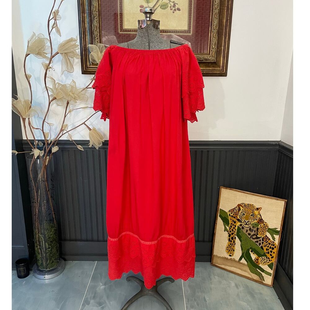 ✨Melissa Odabash Red Off Shoulder Midi Dress Eyelet Lace Resort Size L